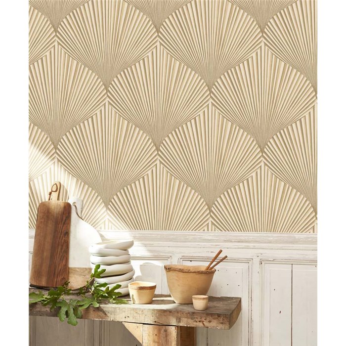 Casadeco|Papel pintado moderno beige con hojas de palmito o forma abanicos|Floral