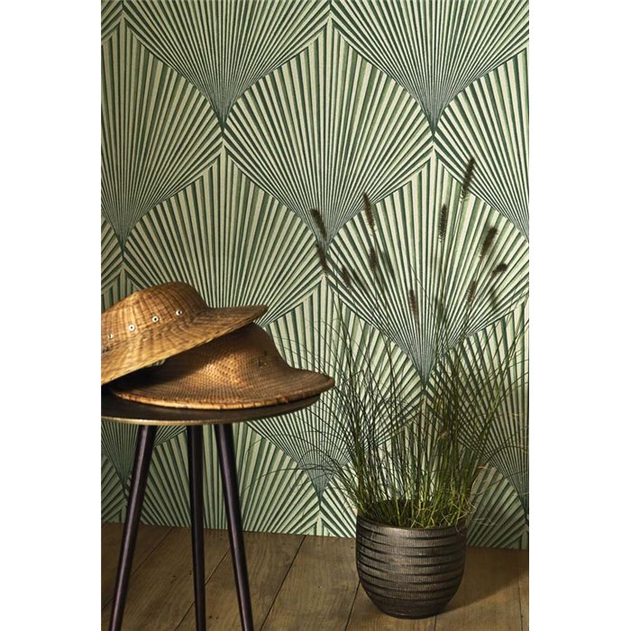Casadeco|Oriental-style wallpaper with green fan-shaped leaves|Floral