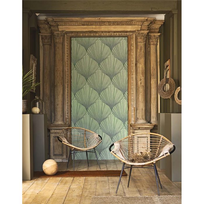 Casadeco|Oriental-style wallpaper with green fan-shaped leaves|Floral