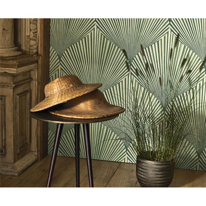 Casadeco|Oriental-style wallpaper with green fan-shaped leaves|Floral