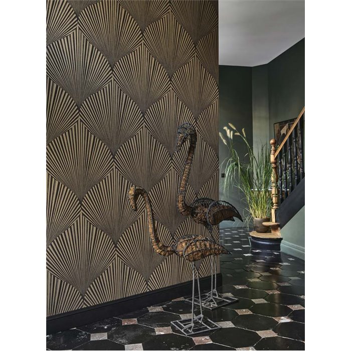 Casadeco|Orientalisch-moderne Tapete mit schwarzen Fächerblättern|Blumen