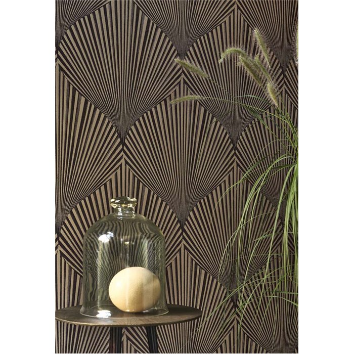 Casadeco|Oriental and modern wallpaper, black fan-shaped leaves|Floral