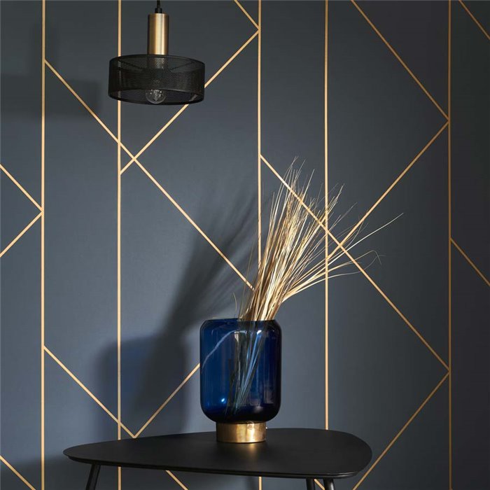 Casadeco|Papel pintado moderno azul con diseño geométrico dorado metalizado|Moderno