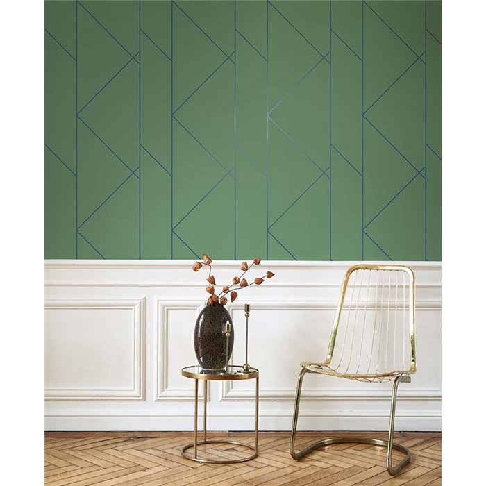 Papel pintado geométrico verde con líneas gráficas azul brillante - Casadeco Alchimie 89907622