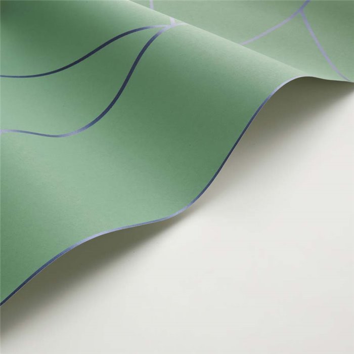 Papel pintado geométrico verde con líneas gráficas azul brillante - Casadeco Alchimie 89907622