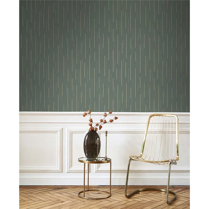Casadeco|Papel pintado moderno verde con rayas iridiscentes dorado|Minimalista