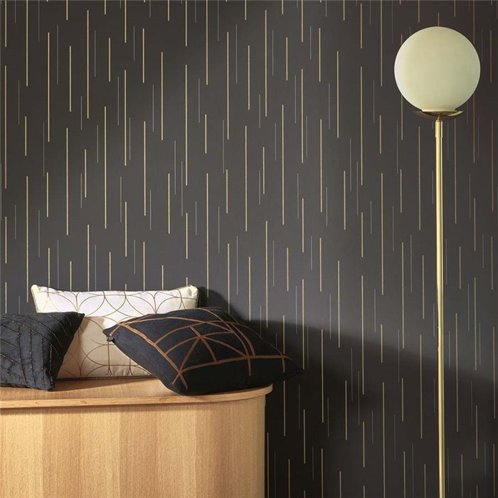 Casadeco|Papel pintado estilo moderno negro con rayas brillantes en oro|Moderno