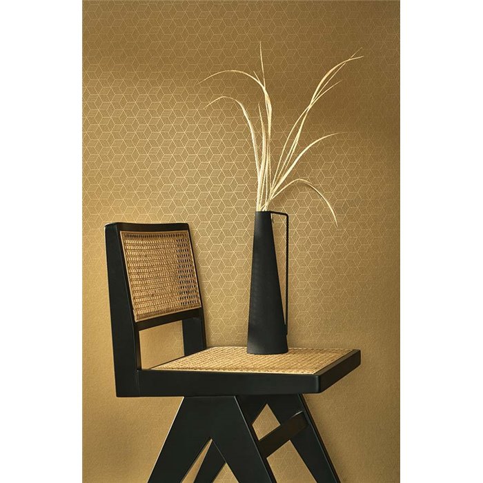 Casadeco|Papel pintado moderno con pequeños cubos isométricos amarillo brillo|Efecto 3d