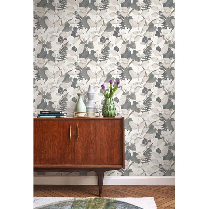 Papel pintado floral estilo oriental, lirios asiáticos azul y blanco - Casadeco Soliflore 200266666