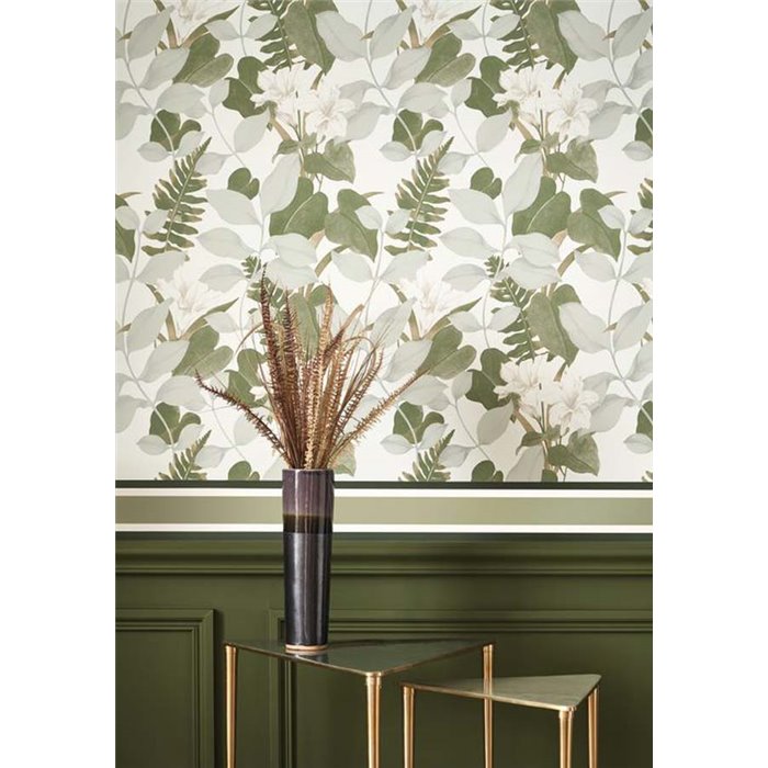 Casadeco|Papel pintado lirios asiáticos iridiscentes blanco y verde, estilo oriental|Floral