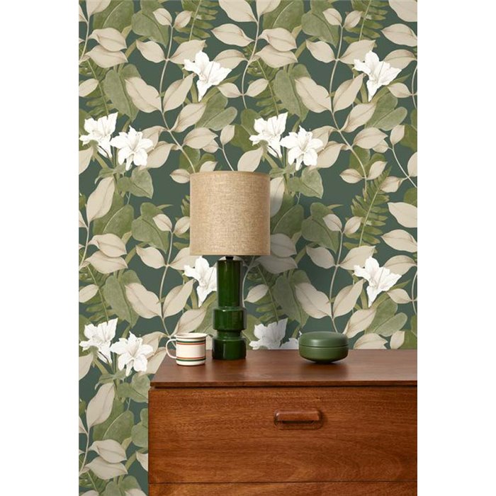 Papel pintado floral verde estampado de lírios asiáticos - Casadeco Soliflore 200267808