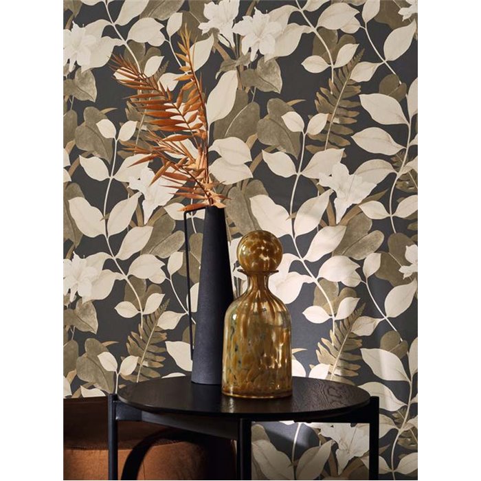 Casadeco|Papel pintado floral moderno con lirios asiáticos negro|Floral