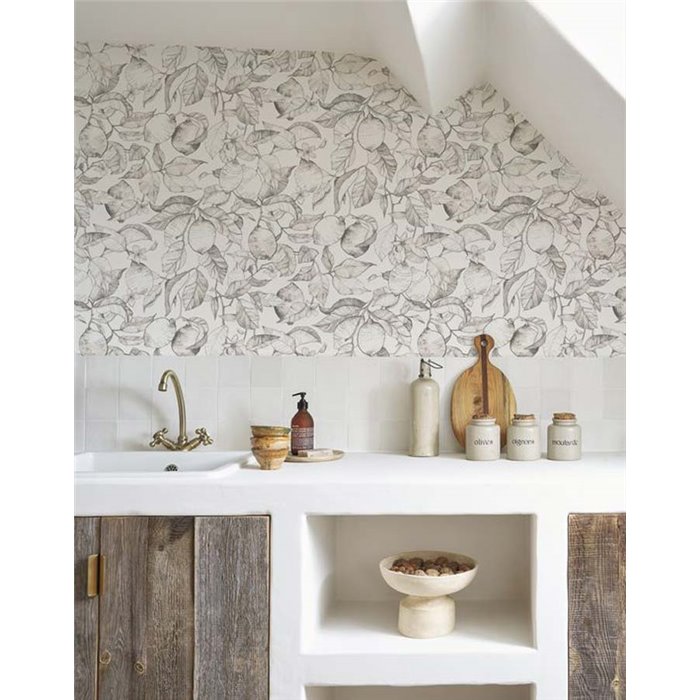 Casadeco|Papier peint floral noir et blanc avec gravure de citronnier|Floral