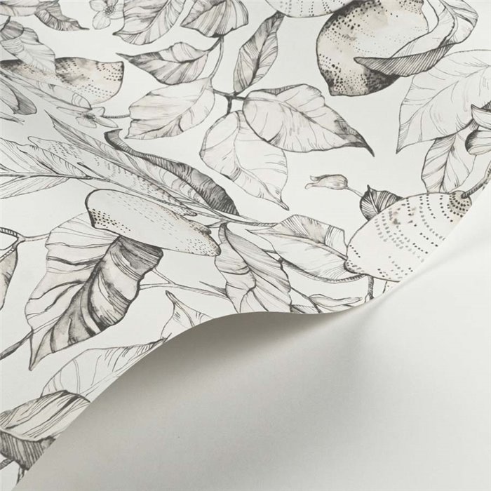 Casadeco|Schwarz-weiße Tapete mit floraler Gravur eines Zitronenbaums|Blumen