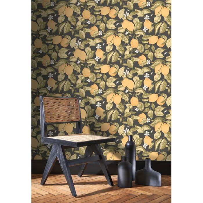 Casadeco|Papel pintado limonero en flor y limones amarillos con fondo negro|Floral