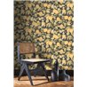 Casadeco|Wallpaper with lemon blossoms and yellow lemons on black background|Floral