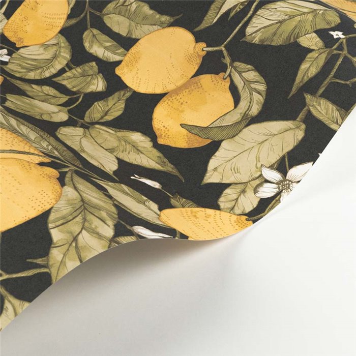 Casadeco|Papel pintado limonero en flor y limones amarillos con fondo negro|Floral