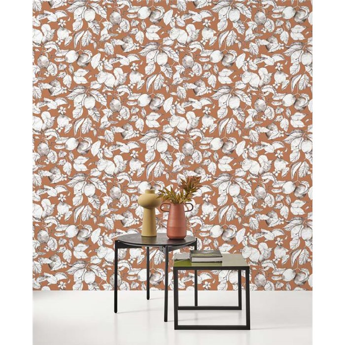 Casadeco|Papel pintado floral limonero con fondo naranja|Floral