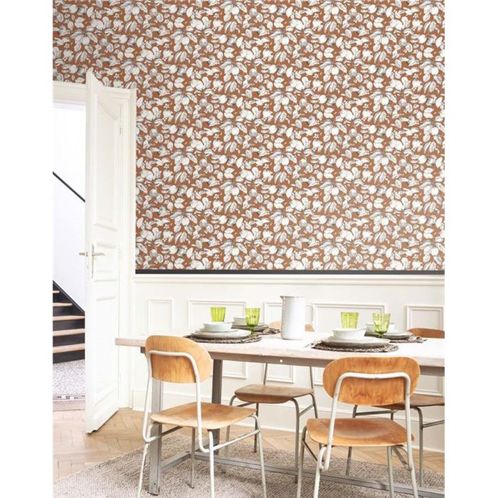 Casadeco|Papel pintado floral limonero con fondo naranja|Floral