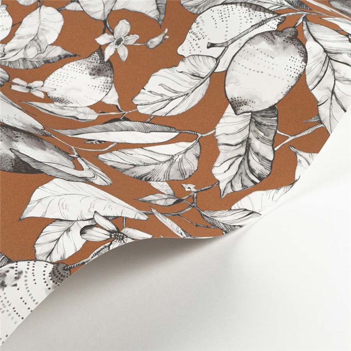 Casadeco|Papel pintado floral limonero con fondo naranja|Floral