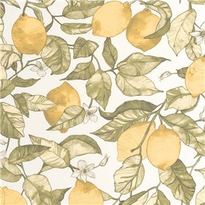 Casadeco|Papel pintado limonero en flor y limones amarillos con fondo negro|Floral