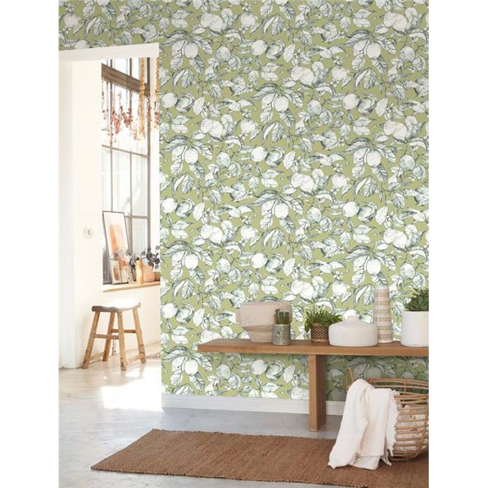 Casadeco|Florale Tapete mit blühendem Zitronenbaum in Grün|Blumen