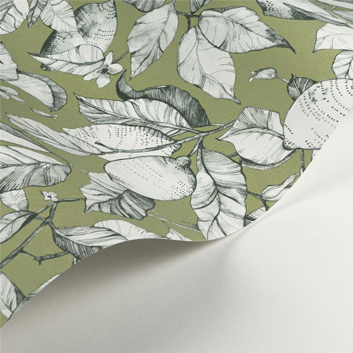 Casadeco|Floral wallpaper with blooming lemon tree in green|Floral