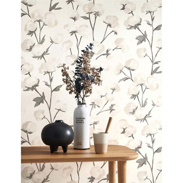 Casadeco|Watercolor wallpaper with white cotton flowers|Floral