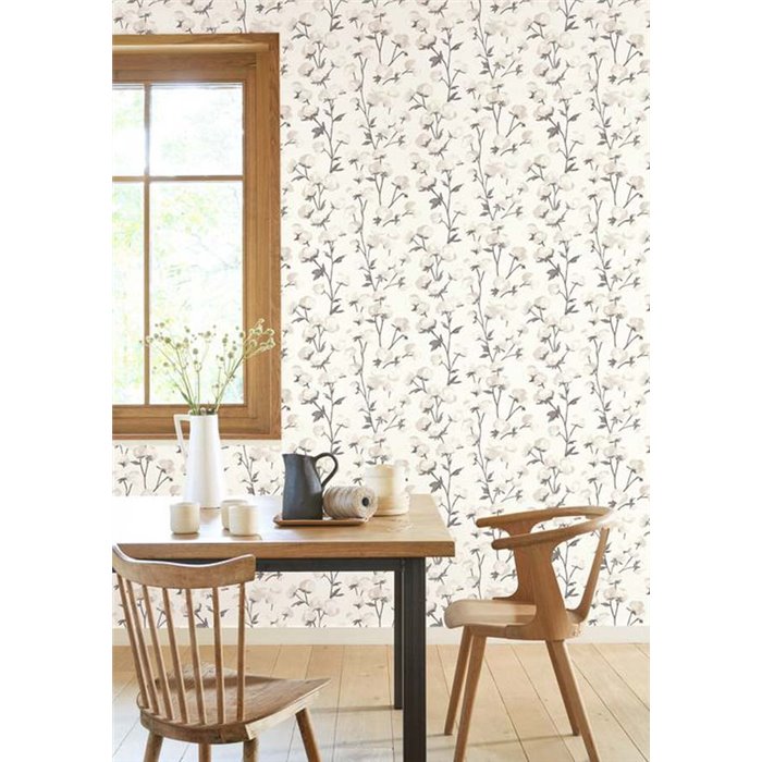 Casadeco|Papier peint fleurs de coton blanches en aquarelle|Floral