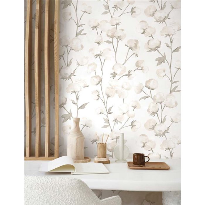 Casadeco|Romantische Tapete mit weißen Baumwollblüten|Blumen