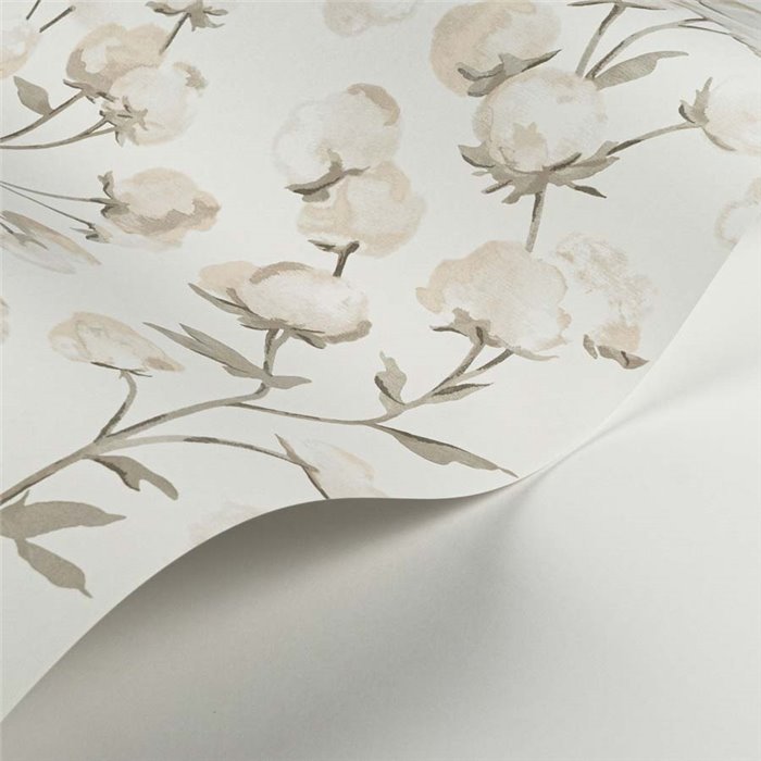 Casadeco|Papel pintado romántico flores de algodón blanco|Floral