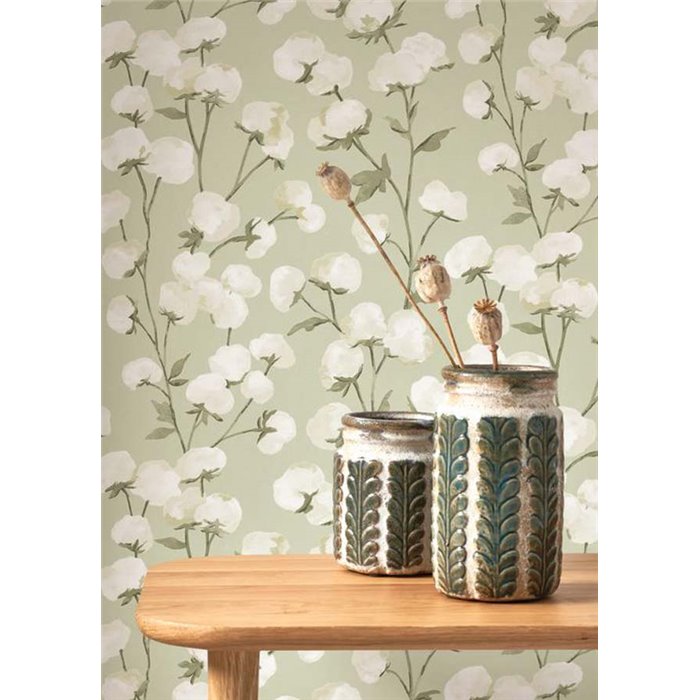 Casadeco|Papier peint fleurs en aquarelle vertes avec bourgeons de coton|Floral