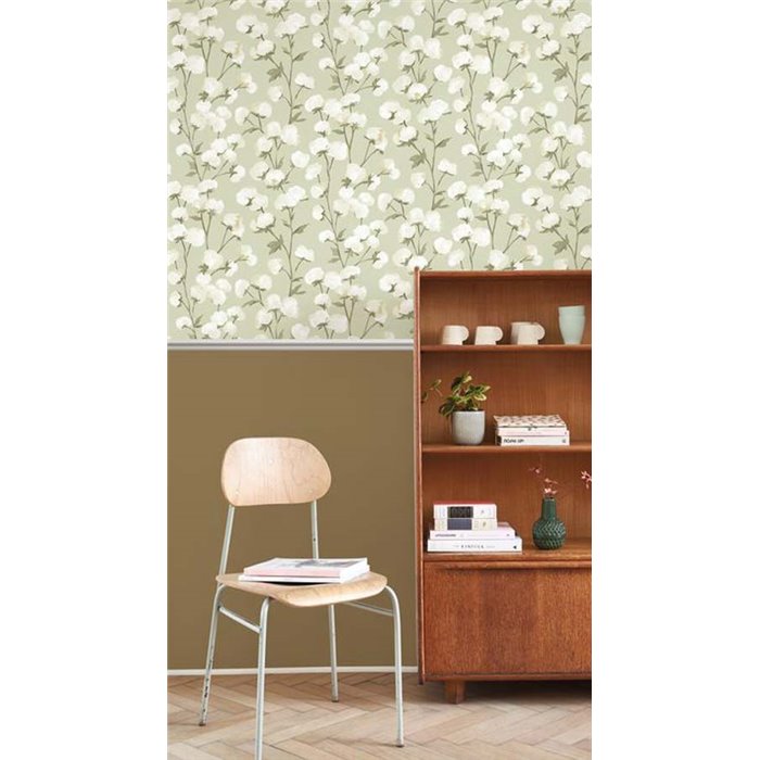 Casadeco|Papel pintado flores acuarela verde con capullos de algodón|Floral