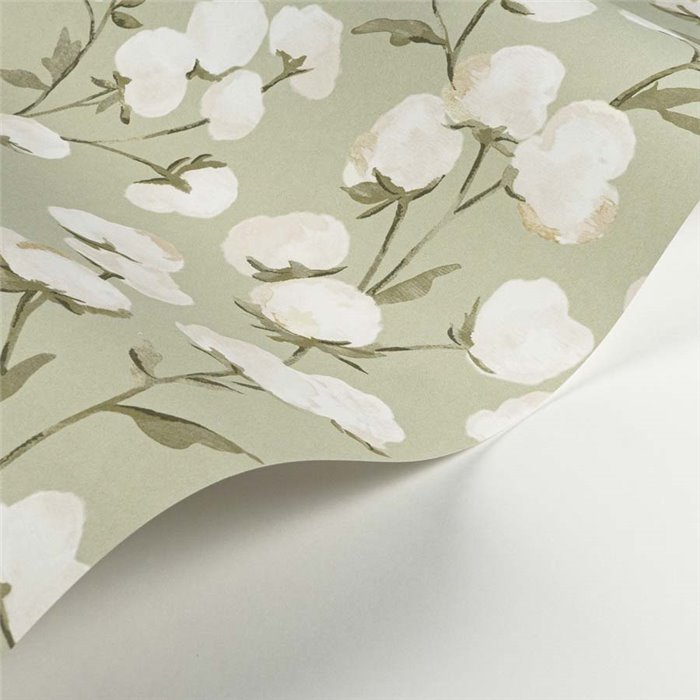 Casadeco|Papel pintado flores acuarela verde con capullos de algodón|Floral