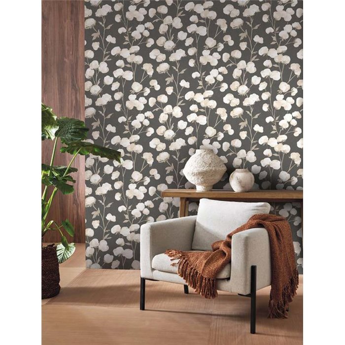 Casadeco|Schwarze florale Tapete mit weißen Baumwollknospen|Blumen