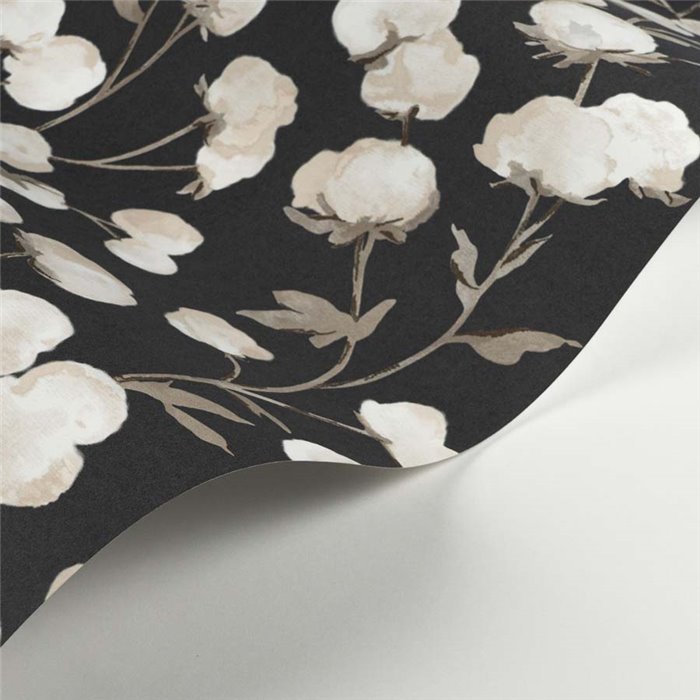 Casadeco|Schwarze florale Tapete mit weißen Baumwollknospen|Blumen