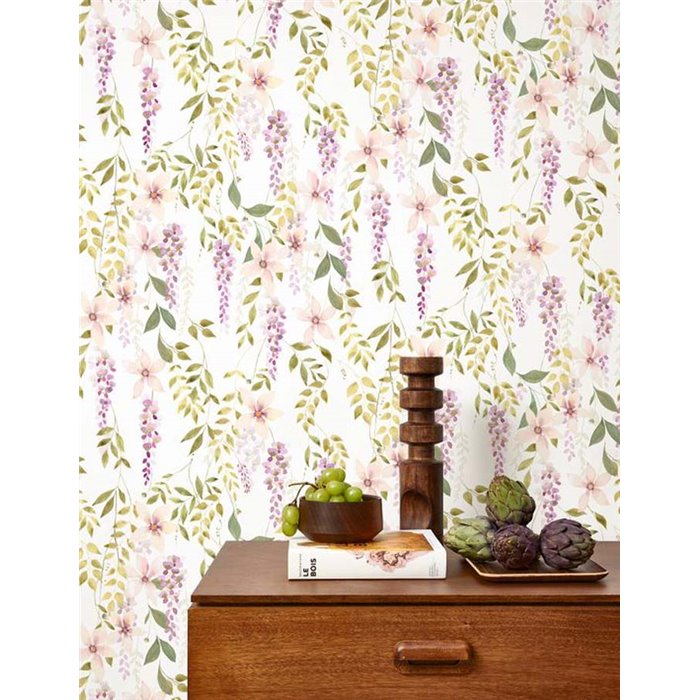 Casadeco|Papel pintado flores y plantas trepadoras blanco y violeta|Floral