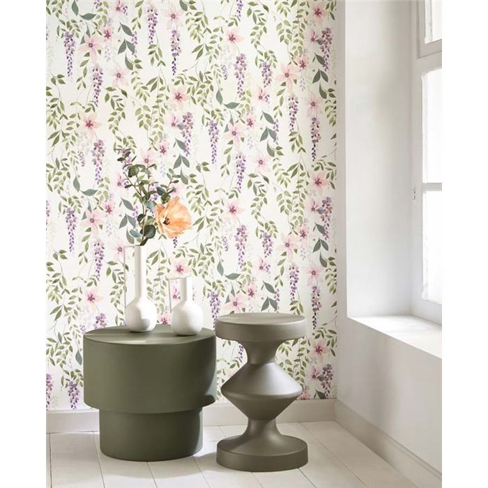 Casadeco|Papel pintado flores de glicinia y planta trepadora|Floral