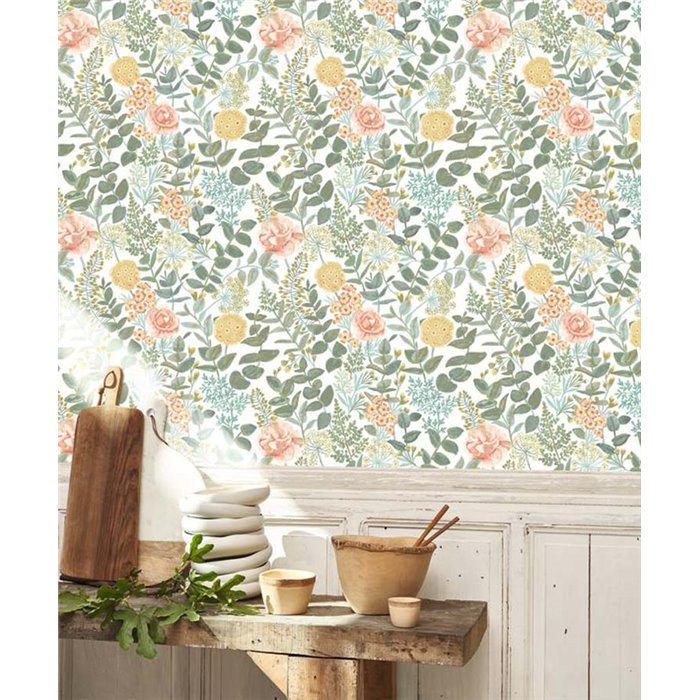 Casadeco|Floral wallpaper with lilies, carnations, and ferns|Floral
