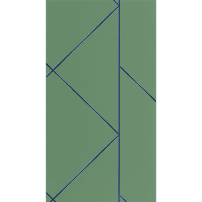 Papel pintado geométrico verde con líneas gráficas azul brillante - Casadeco Alchimie 89907622