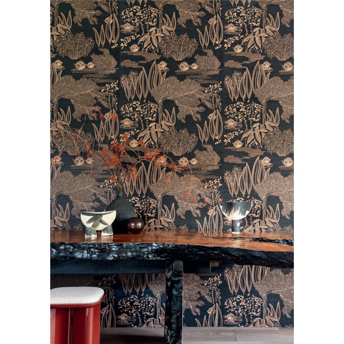 Casamance|Wandverkleidung japanische Landschaft bestickt Sisal schwarz kupferfarben|Wandverkleidungen