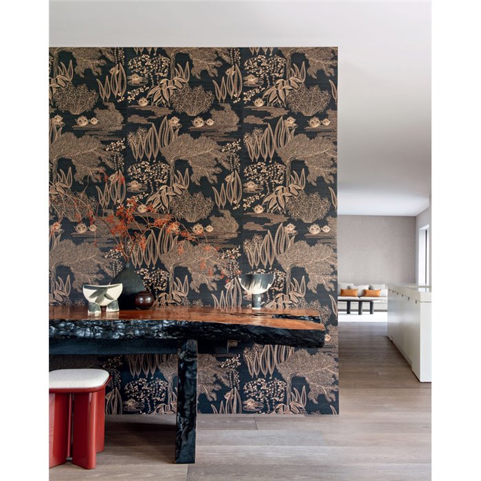 Casamance|Wandverkleidung japanische Landschaft bestickt Sisal schwarz kupferfarben|Wandverkleidungen