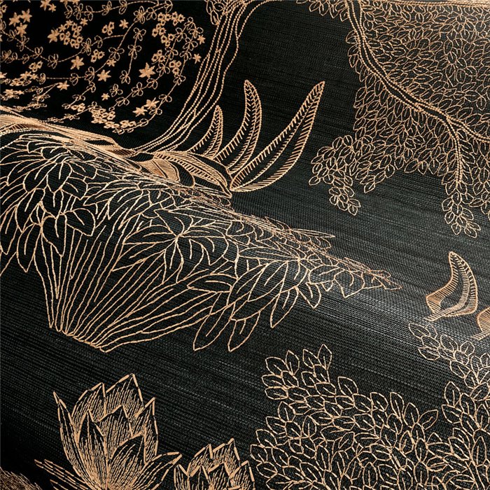 Casamance|Wandverkleidung japanische Landschaft bestickt Sisal schwarz kupferfarben|Wandverkleidungen