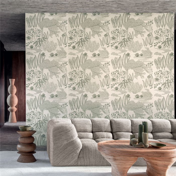 Casamance|Revestimiento pared paisaje jardín japonés bordado sisal verde beige|Revestimientos de Pared
