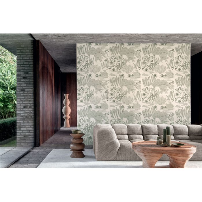 Casamance|Wallcovering Japanese garden landscape embroidery sisal green beige|Wall Coverings
