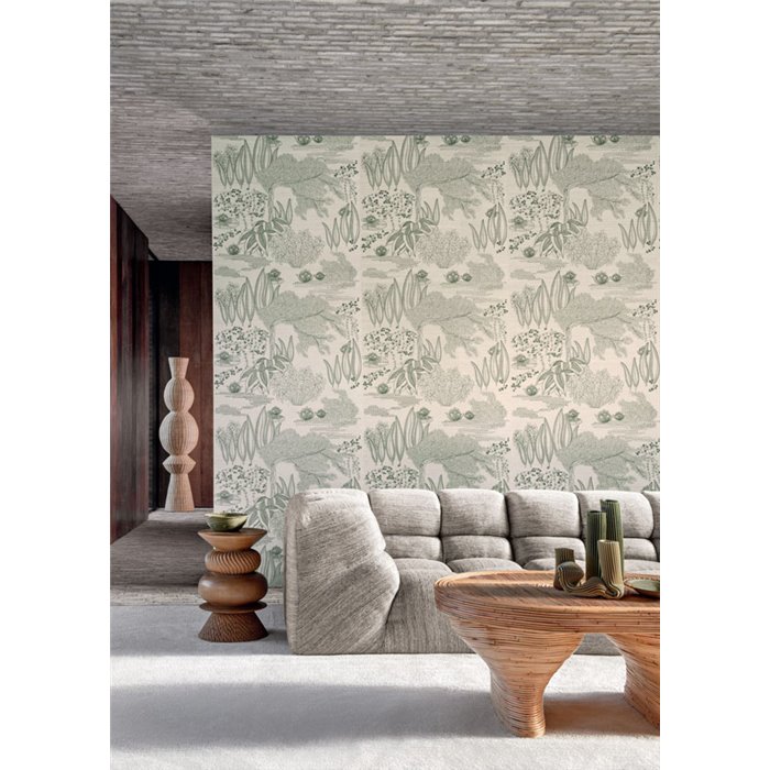 Casamance|Revestimiento pared paisaje jardín japonés bordado sisal verde beige|Revestimientos de Pared