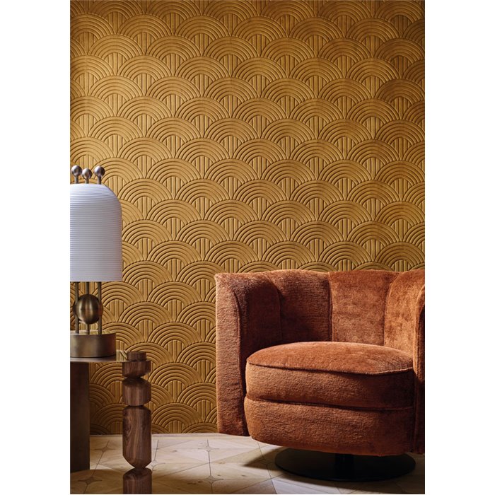 Casamance|Wallcovering acoustic Art Deco palm 3D mustard|Wall Coverings