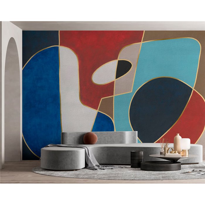Affreschi & Affreschi|Papier peint panoramique personnalisé abstrait contemporain bleu rouge turquoise|Panoramiques