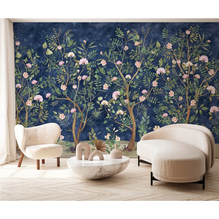 Affreschi & Affreschi|Papier peint panoramique personnalisé botanique fleurs fond bleu|Panoramiques