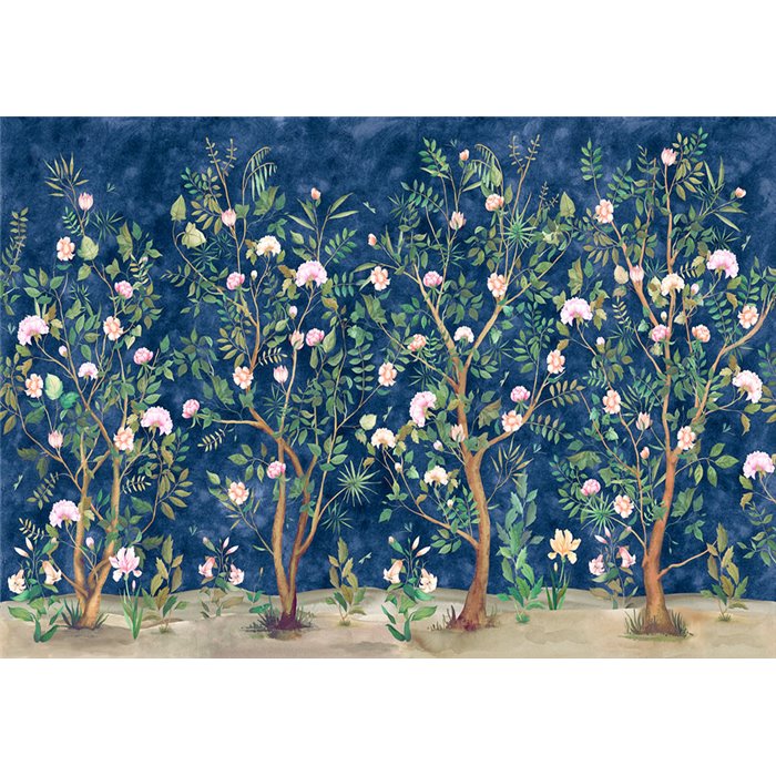 Affreschi & Affreschi|Papier peint panoramique personnalisé botanique fleurs fond bleu|Panoramiques